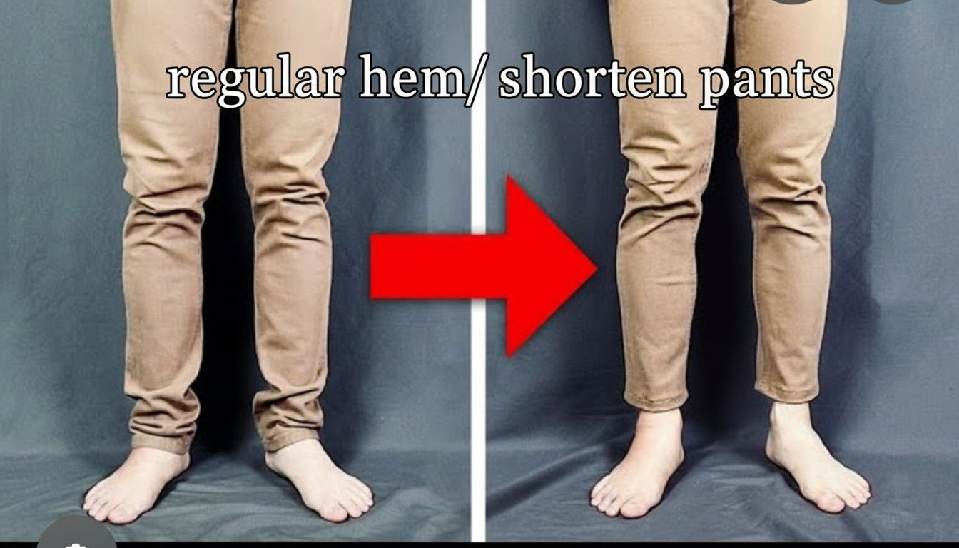Comparison of beige pants on a person against a gray background with a red arrow pointing to one of the legs.
