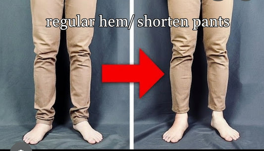 Comparison of beige pants on a person against a gray background with a red arrow pointing to one of the legs.
