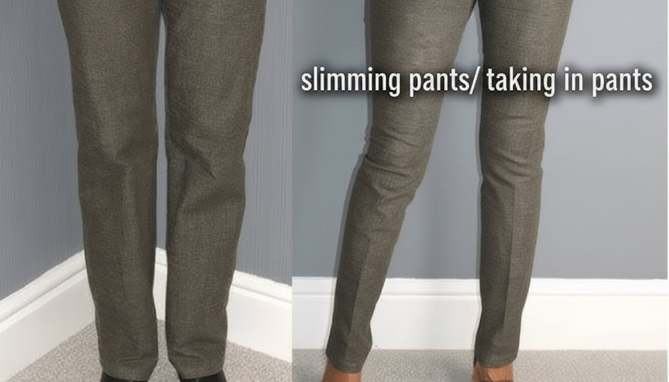 Before and after transformation of pants with text overlay on DIY refashioning.