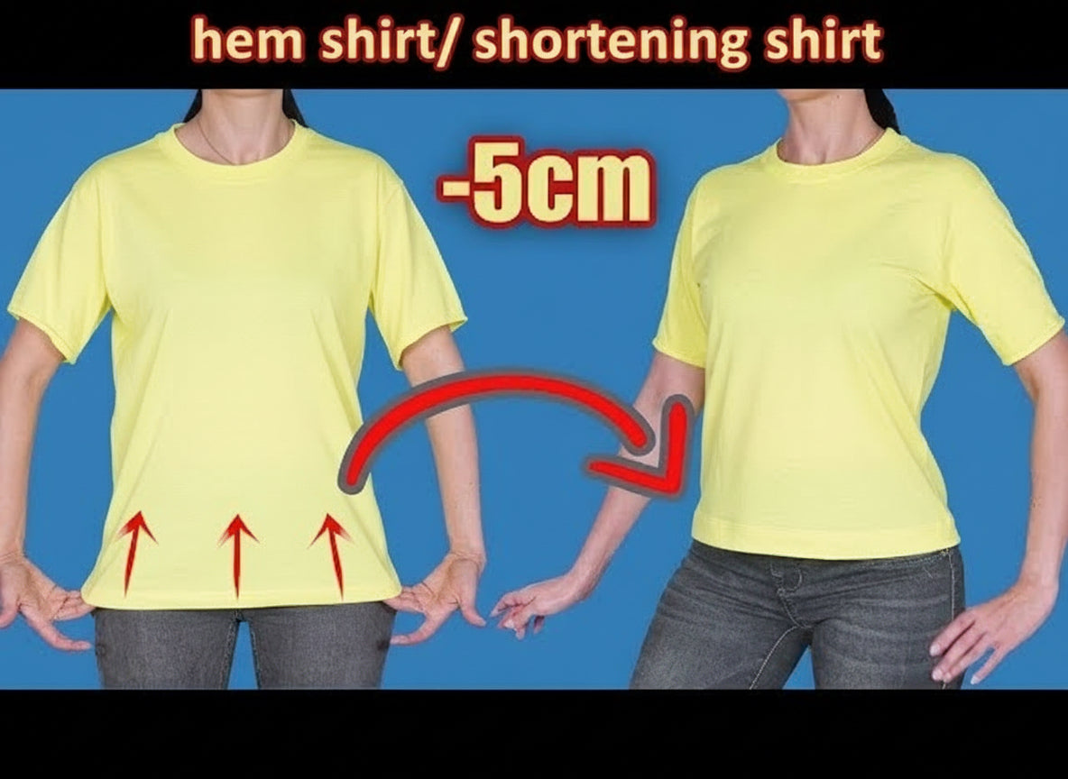 Two people wearing yellow shirts with a blue background, showing a measurement decrease of 5cm.