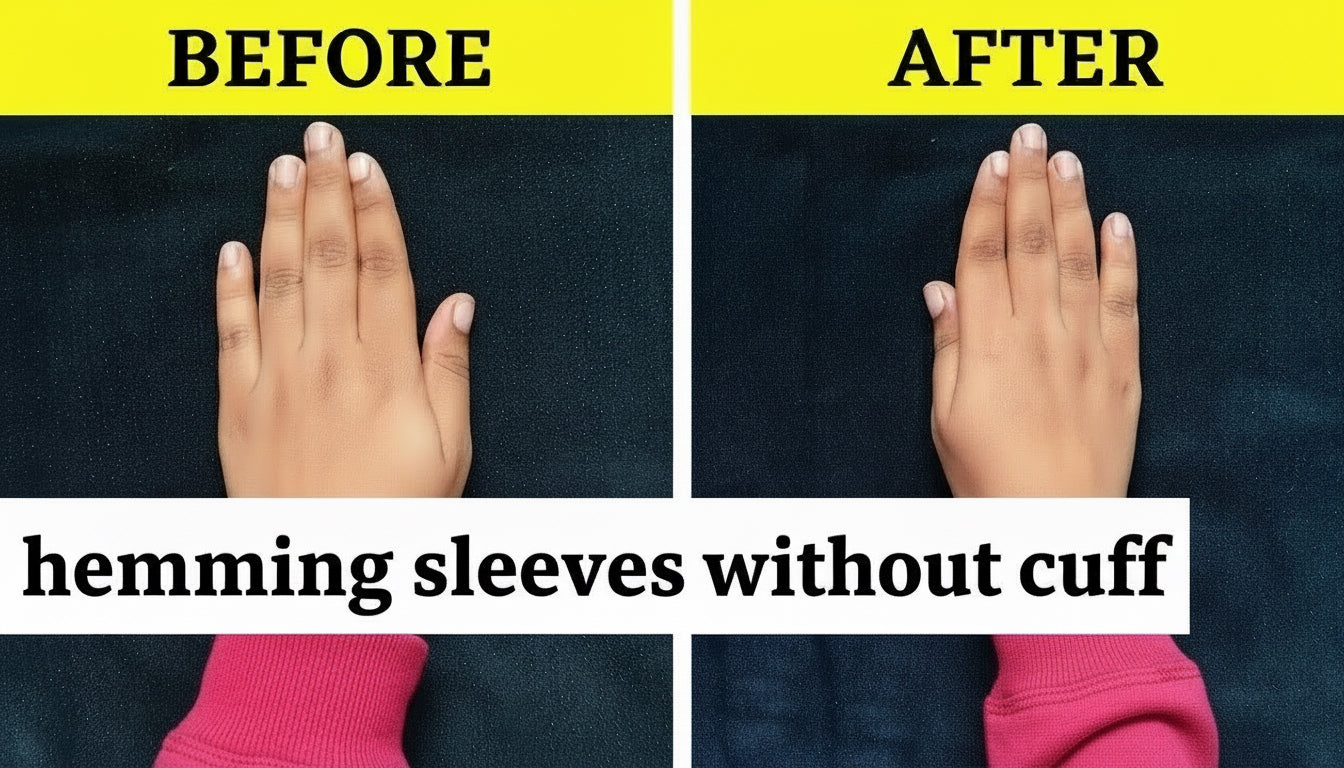 Before and after comparison of a hand wearing a pink sleeve against a dark background.